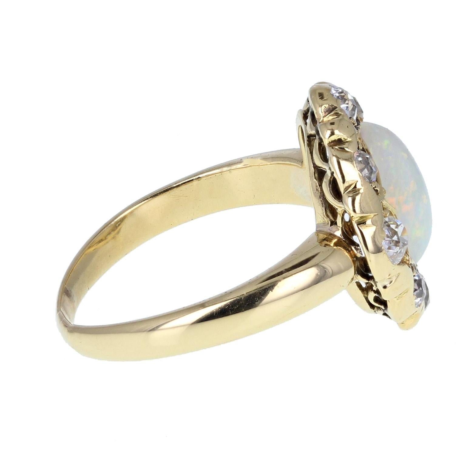 Cabochon Antique Victorian 18 Carat Gold Opal Diamond Cluster Cocktail Dress Ring For Sale