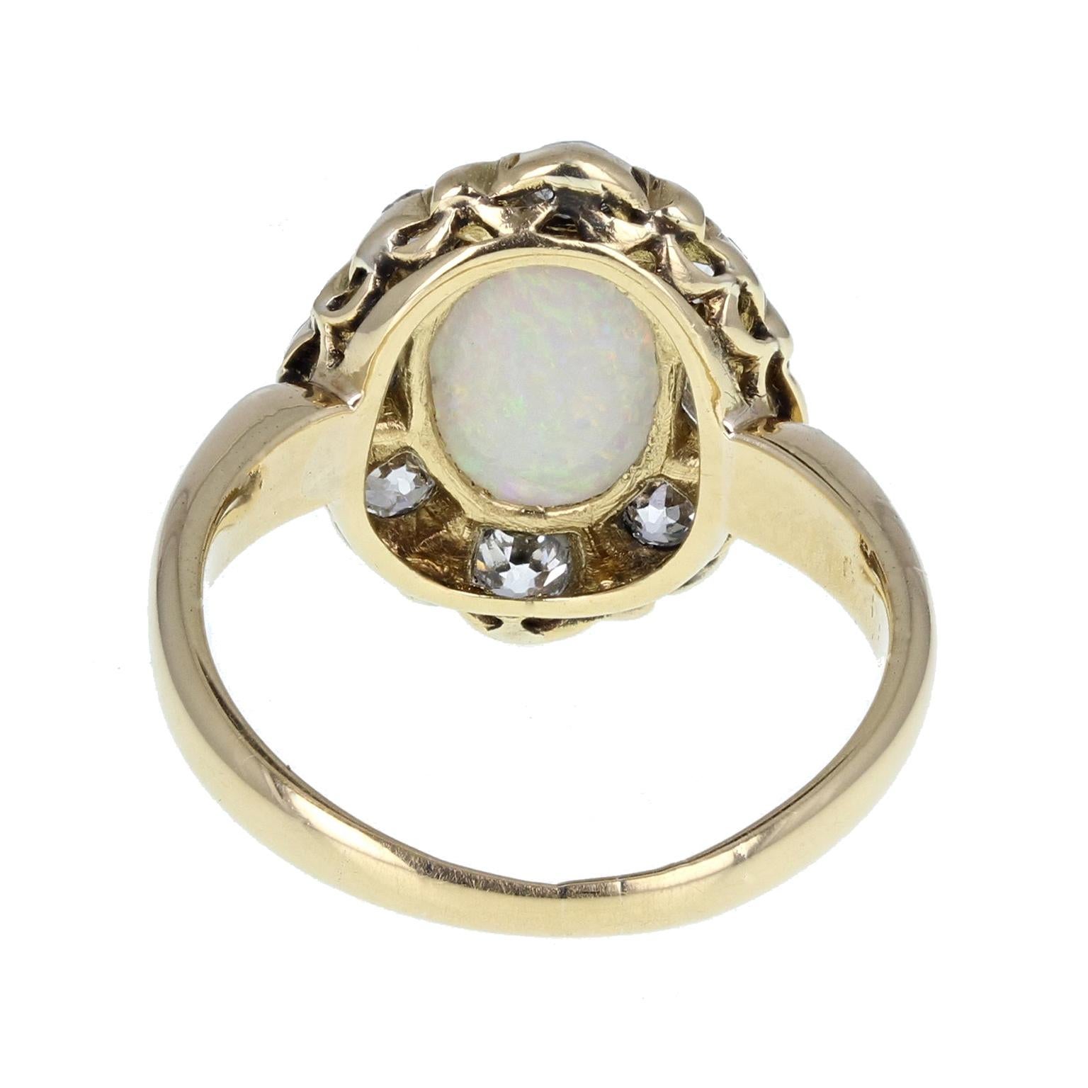 Antique Victorian 18 Carat Gold Opal Diamond Cluster Cocktail Dress Ring In Excellent Condition For Sale In Newcastle Upon Tyne, GB