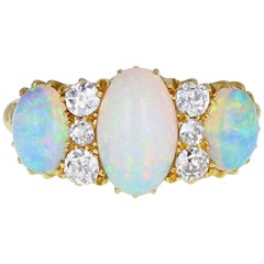 Antique Victorian 18 Carat Gold Opal Diamond Gallery Set Cocktail Ring