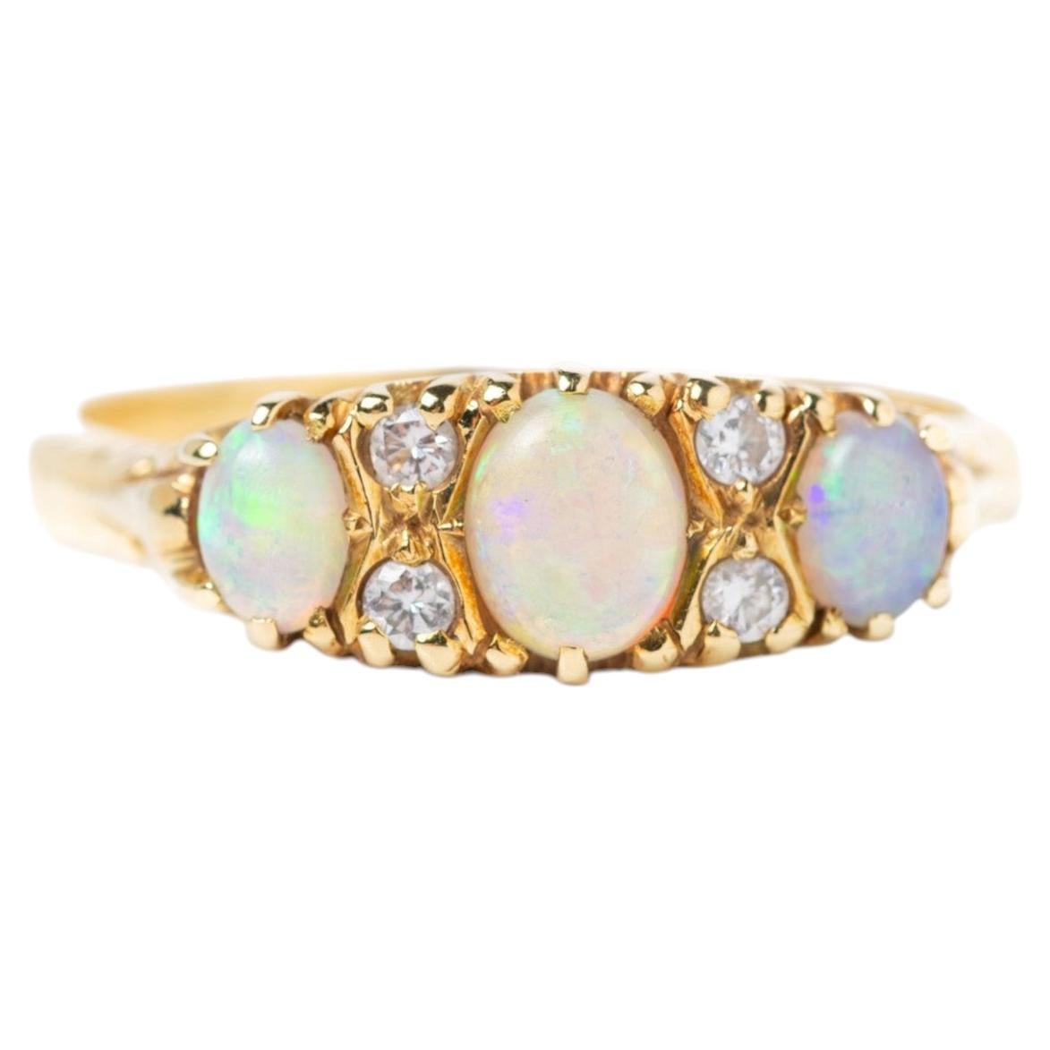 Antique Victorian 18ct Gold Opal & Diamond Trilogy Ring For Sale