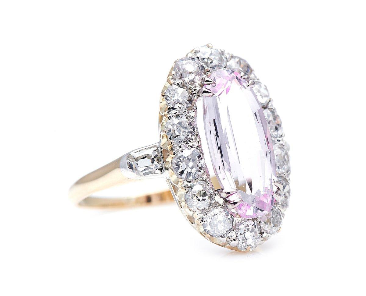Pink topaz and diamond cluster ring, circa 1880. Topaz comes in a variety of hues in addition to the famous golden yellow ‘Imperial’ variety, and one of its most attractive and historically popular shades is a delicate pastel pink, as seen in this
