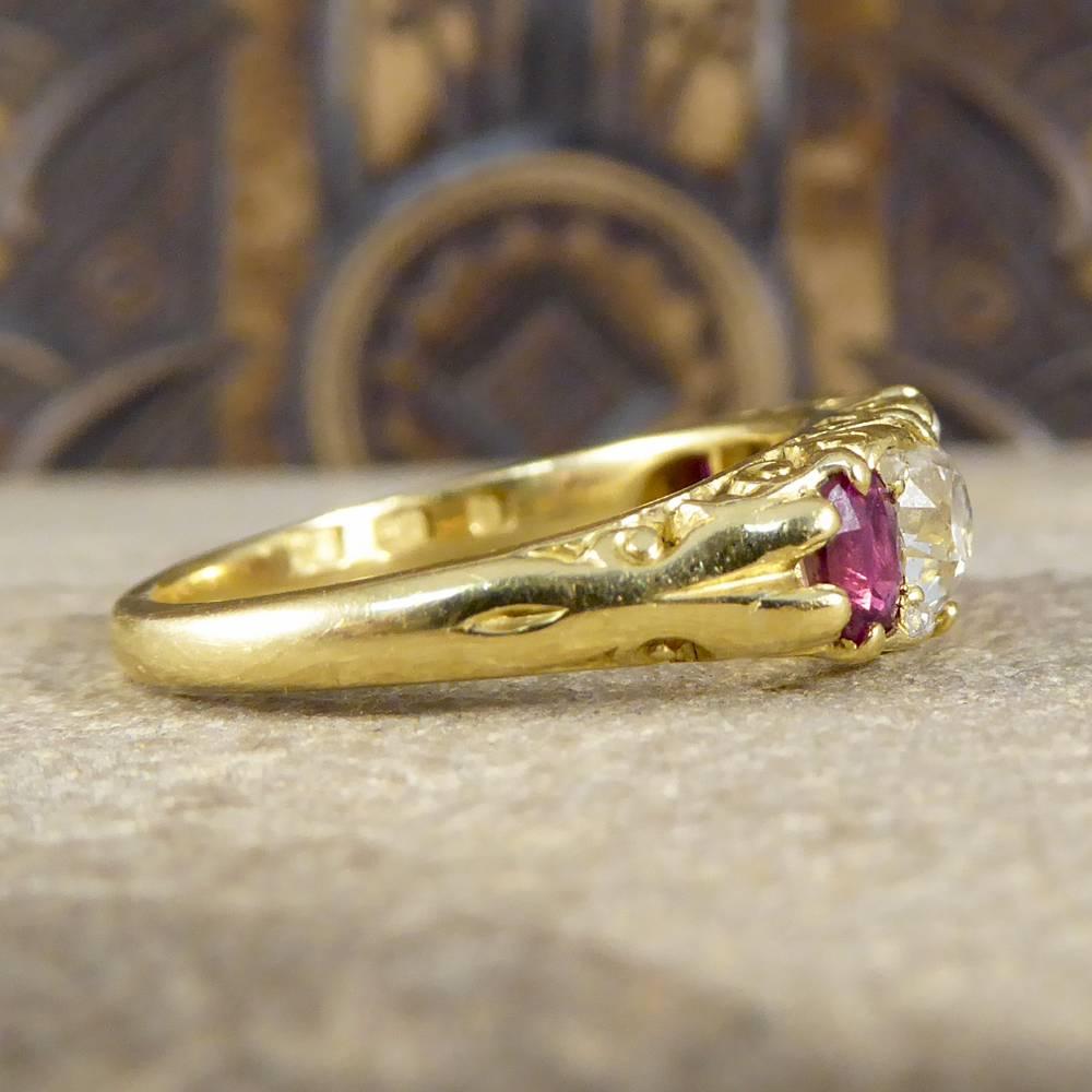 Old European Cut Antique Victorian 18 Carat Gold Ruby and Diamond Five-Stone Ring