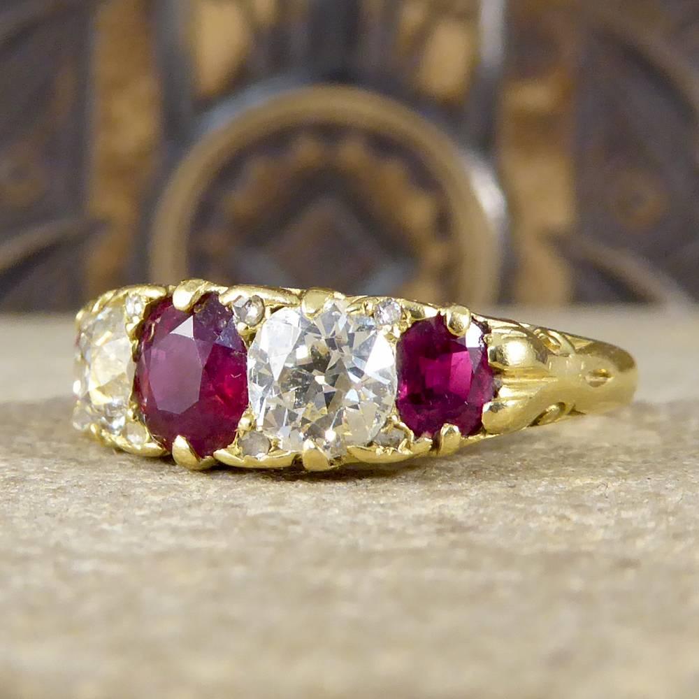 Women's Antique Victorian 18 Carat Gold Ruby and Diamond Five-Stone Ring