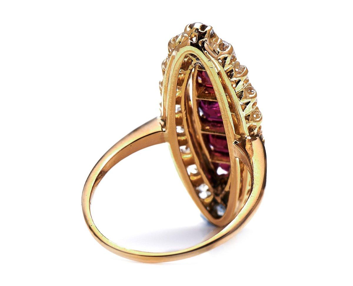 Old Mine Cut Antique, Victorian, 18ct Gold, Ruby and Diamond Navette Cluster Ring For Sale