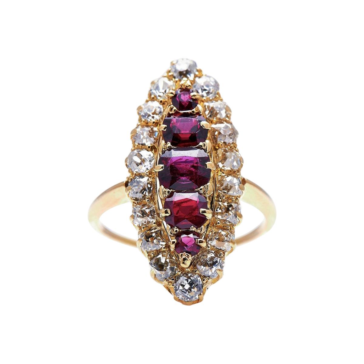 Antique, Victorian, 18ct Gold, Ruby and Diamond Navette Cluster Ring For Sale
