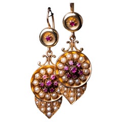 Antique Victorian 18CT Gold Ruby and Pearl Earrings, Antique Heavy Ruby Earrings