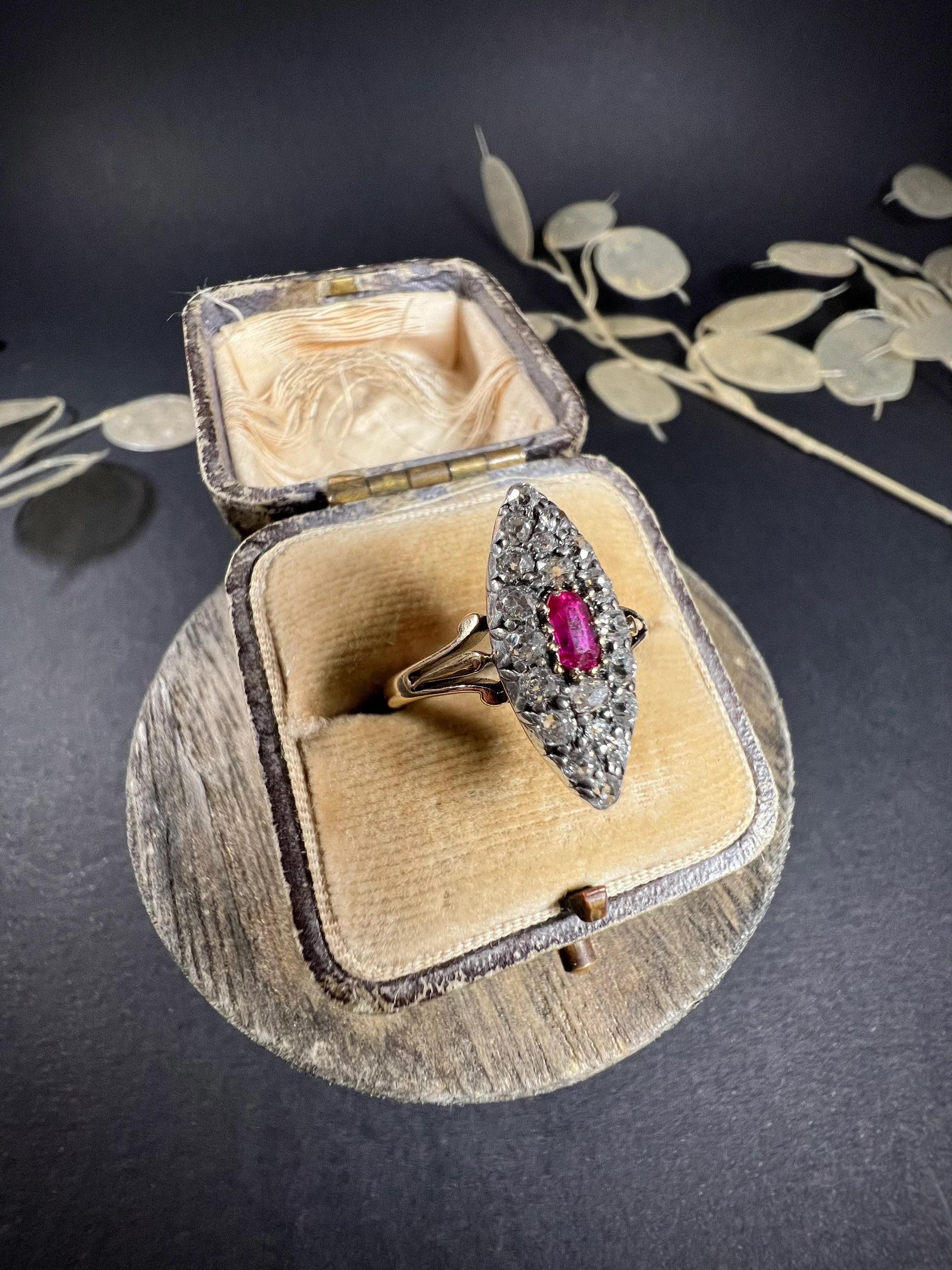 Women's or Men's Antique Victorian 18ct Gold Ruby & Diamond Marquise Ring For Sale