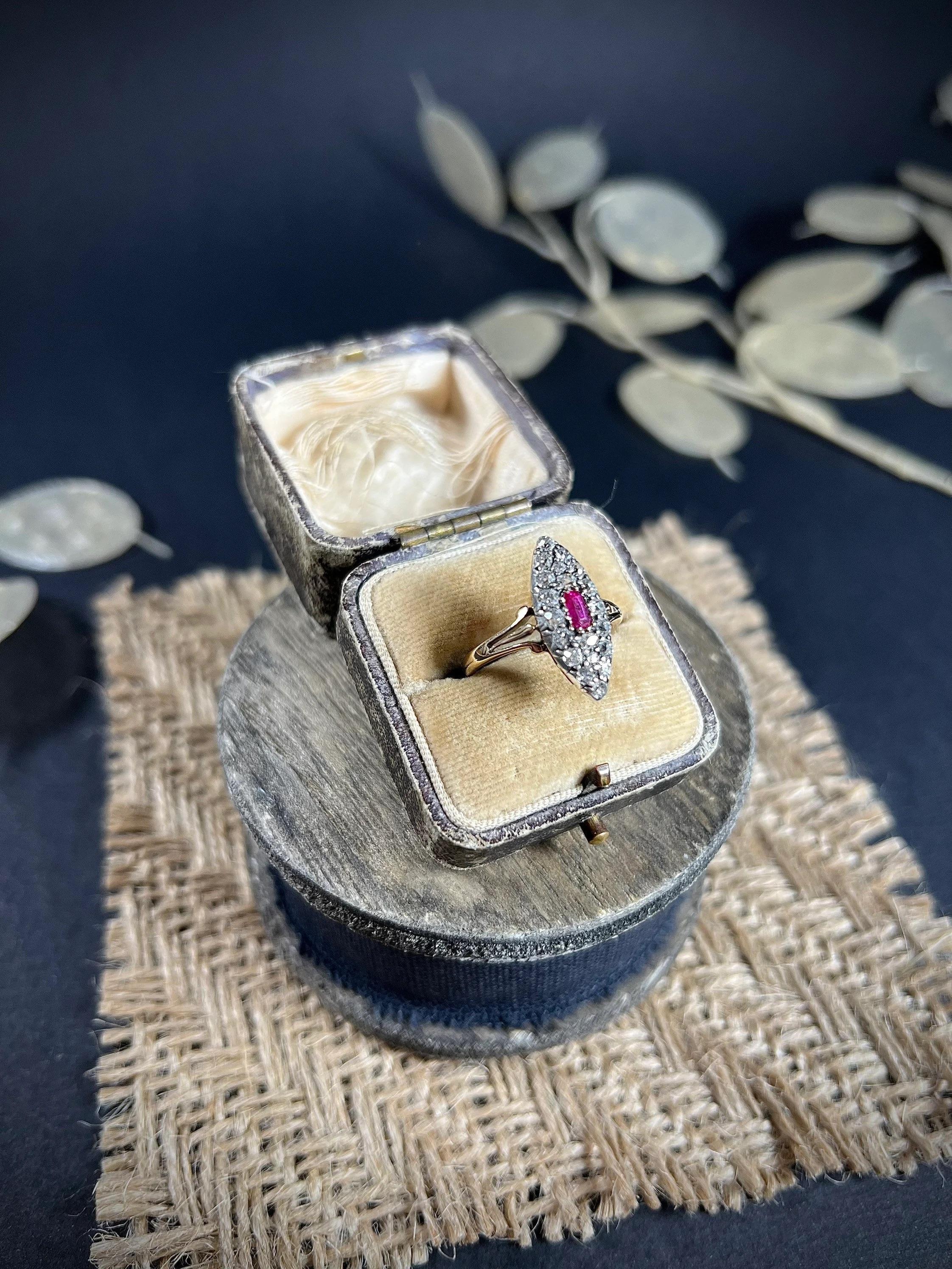 Antique Victorian 18ct Gold Ruby & Diamond Marquise Ring For Sale 3