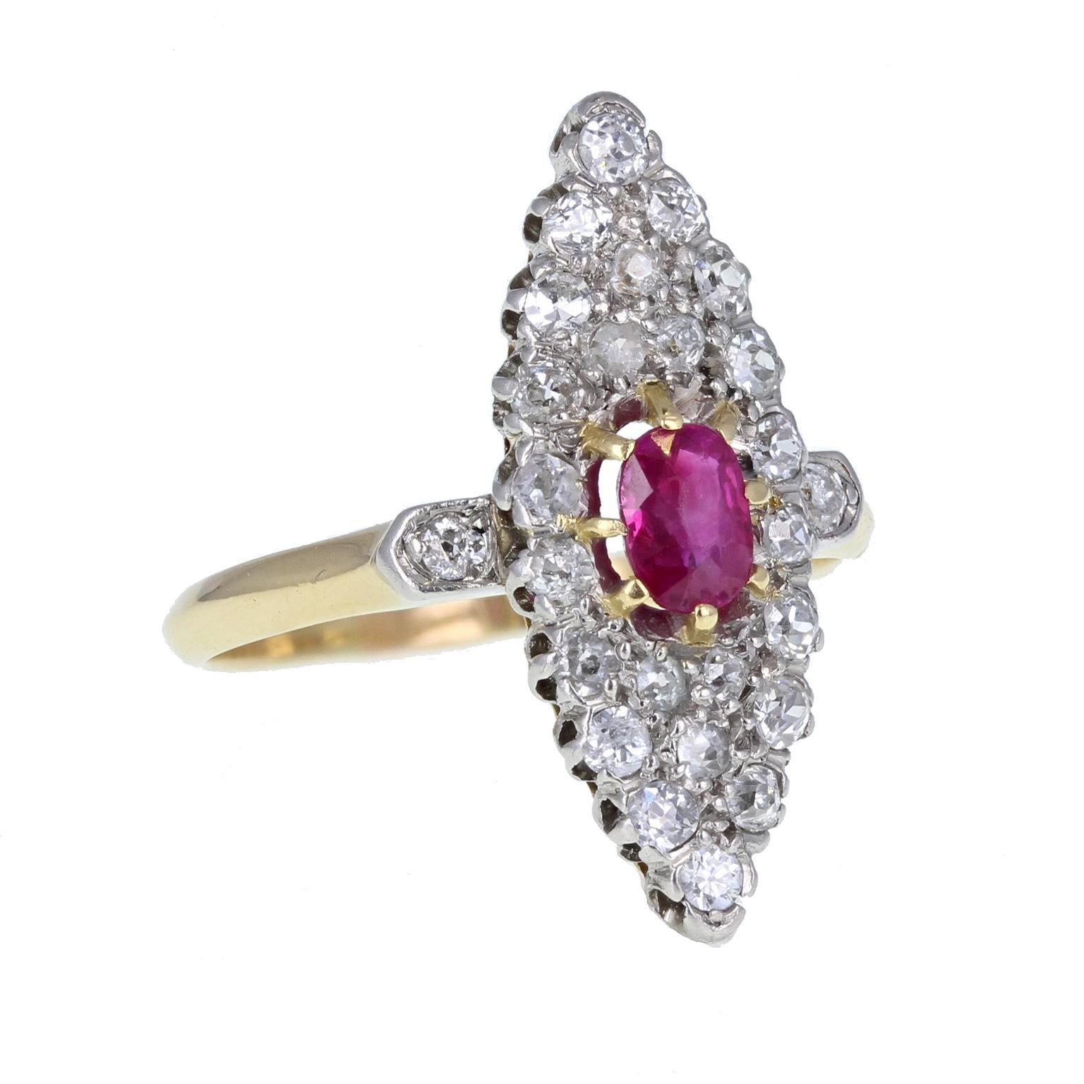 Late Victorian Antique Victorian 18 Carat Gold Ruby Diamond Navette Cluster Ring For Sale
