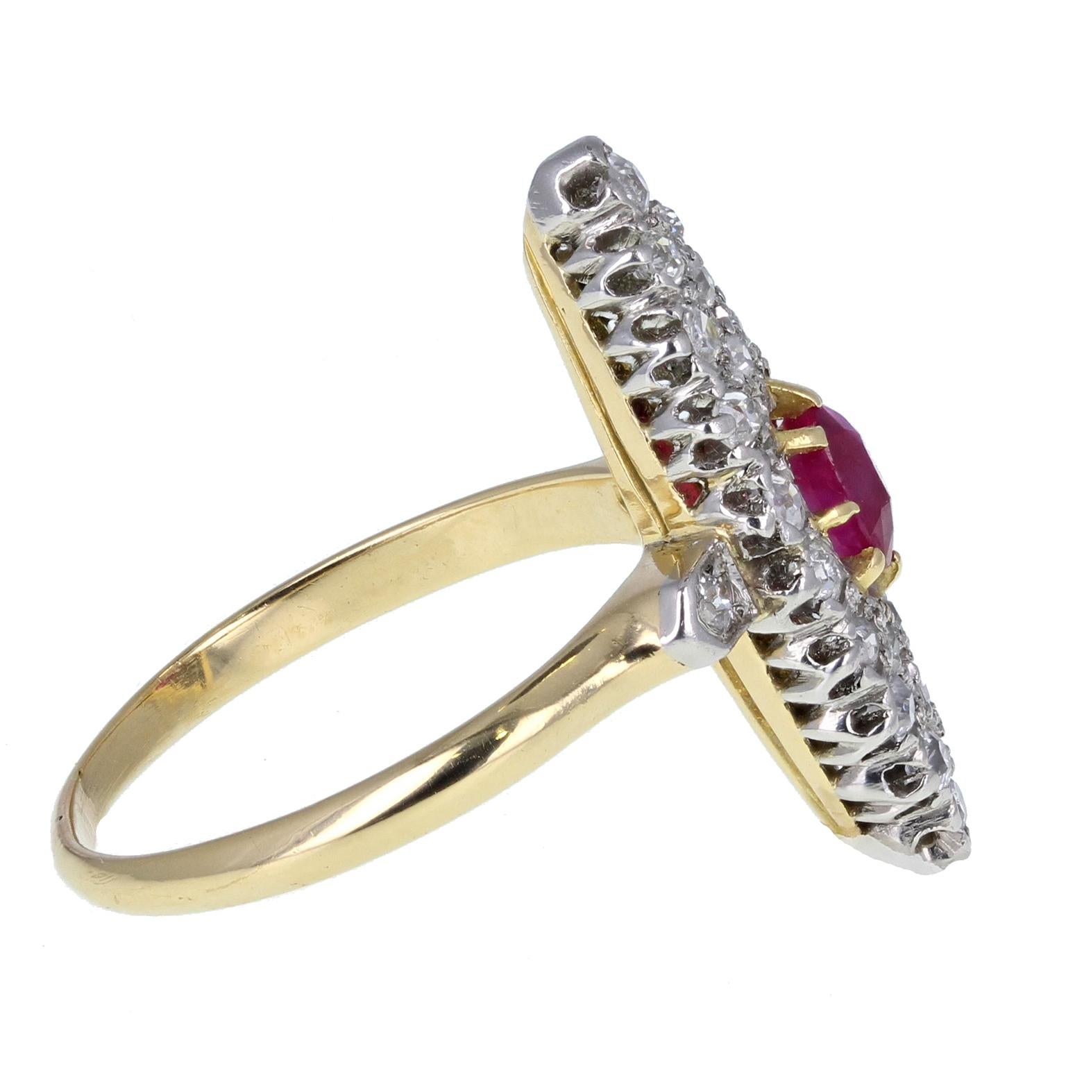 Cushion Cut Antique Victorian 18 Carat Gold Ruby Diamond Navette Cluster Ring For Sale