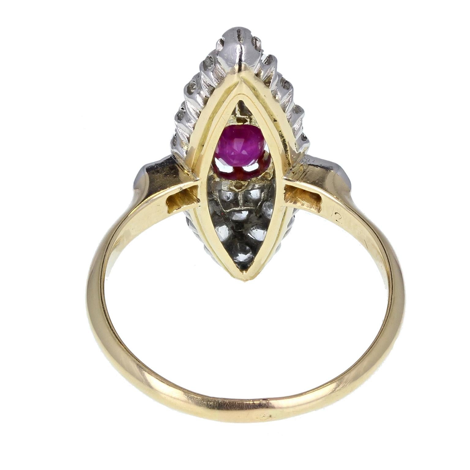 Antique Victorian 18 Carat Gold Ruby Diamond Navette Cluster Ring In Excellent Condition For Sale In Newcastle Upon Tyne, GB