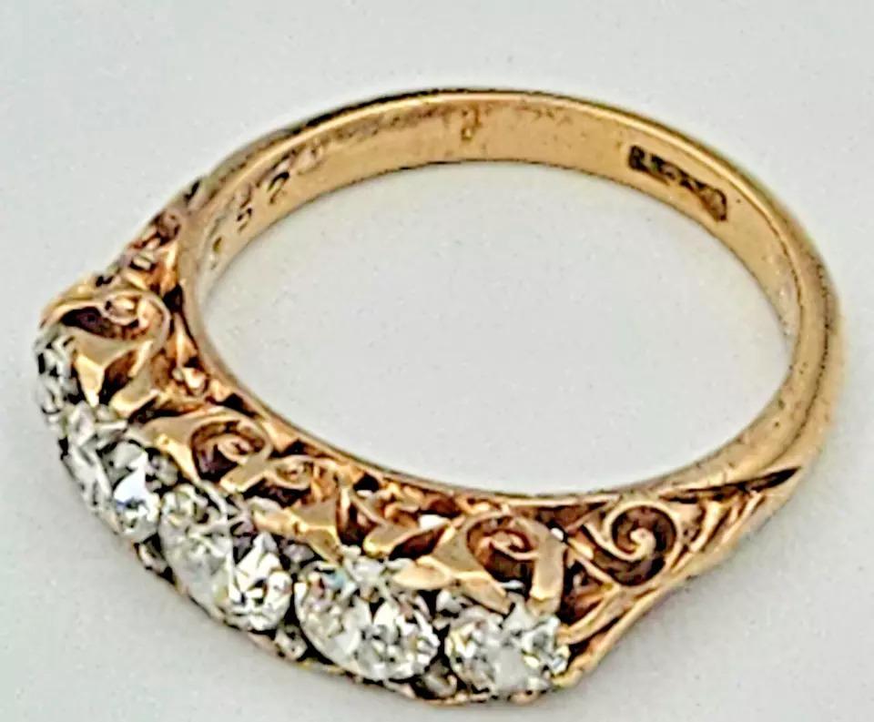 Antique Victorian 18ct Solid Gold, Carved Half Hoop Five Stone Diamond Ring For Sale 1
