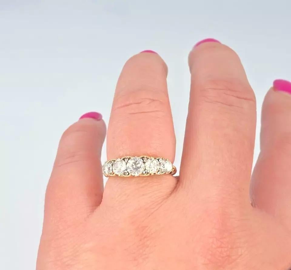 Antique Victorian 18ct Solid Gold, Carved Half Hoop Five Stone Diamond Ring For Sale 2