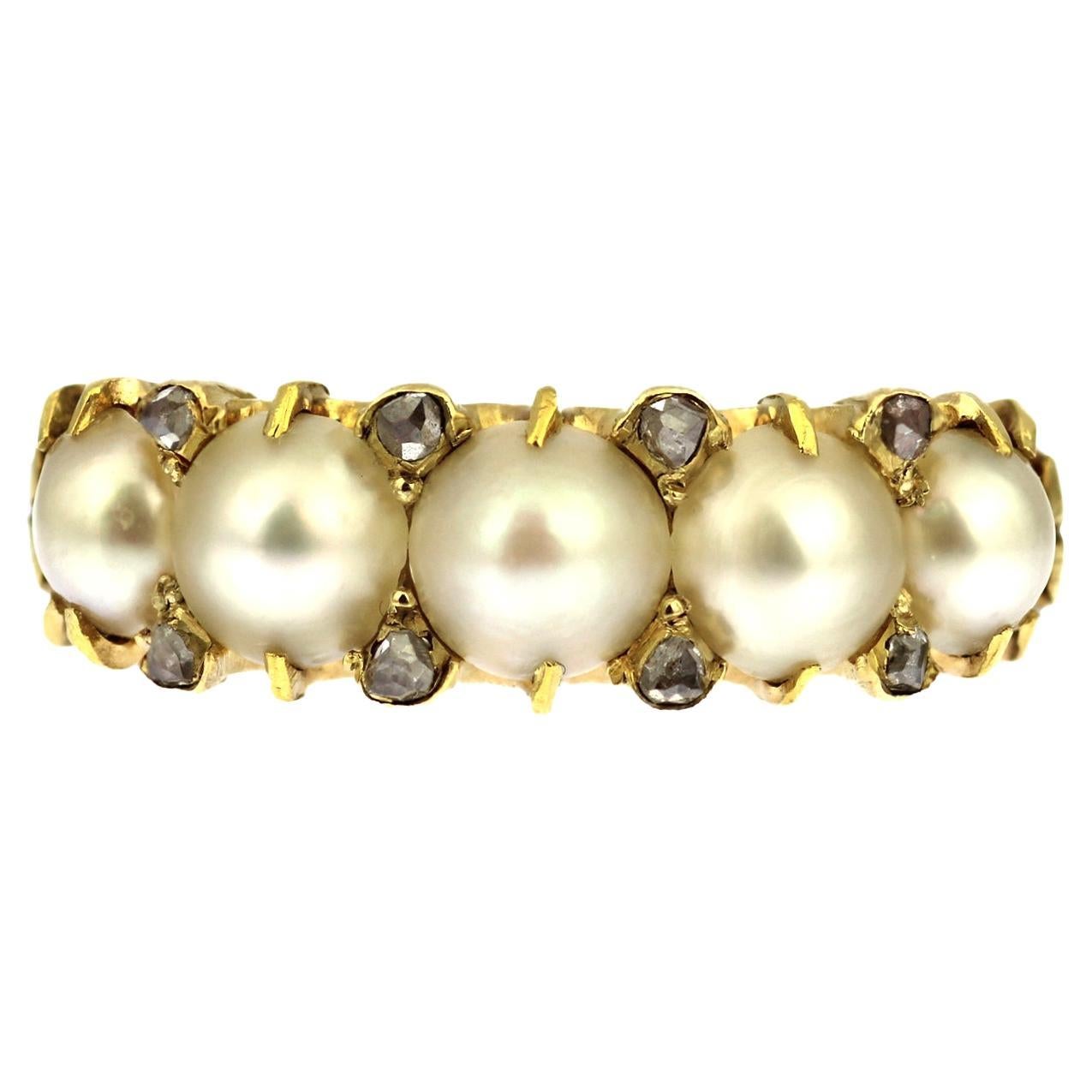 Antique Victorian 18ct yellow gold, cultured pearl and diamond crystal ring For Sale