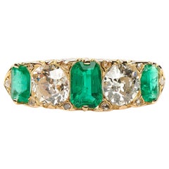 Antique, Victorian, 18 Carat Yellow Gold, Emerald and Diamond Five-Stone Ring