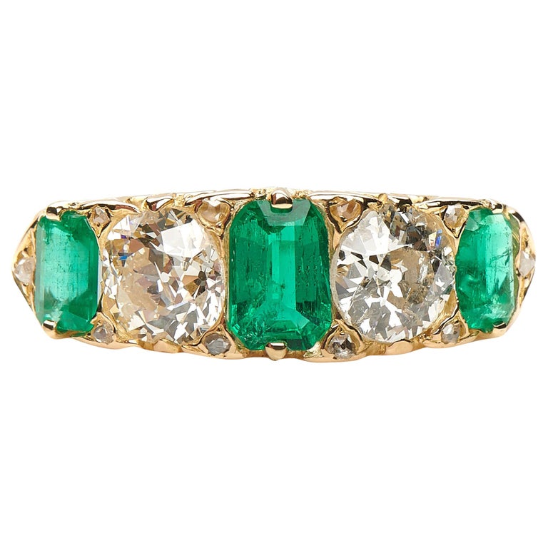 Antique, Victorian, 18 Carat Yellow Gold, Emerald and Diamond Five ...