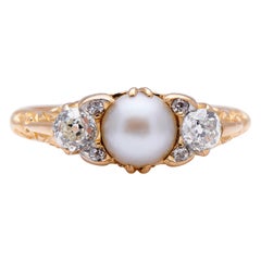 Antique Victorian 18 Carat Yellow Gold, Natural Pearl and Diamond Half Hoop Ring