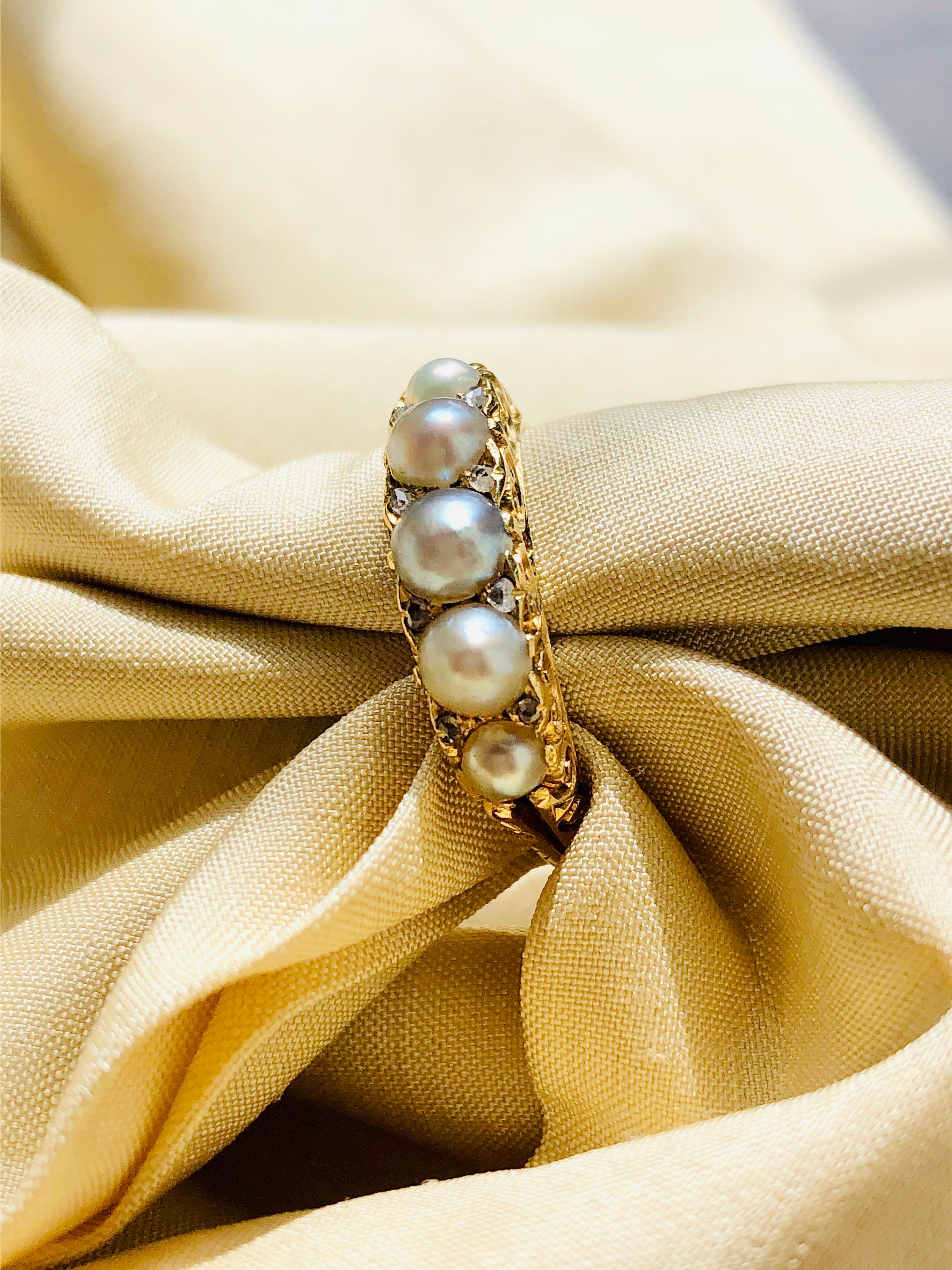 Rose Cut Antique, Victorian, 18 Carat Yellow Gold, Natural Pearl and Diamond Ring