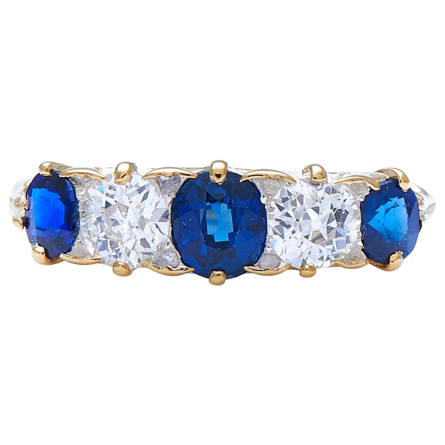 Antique Victorian, 18ct Yellow Gold, Natural Sapphire and Diamond Half Hoop Ring For Sale