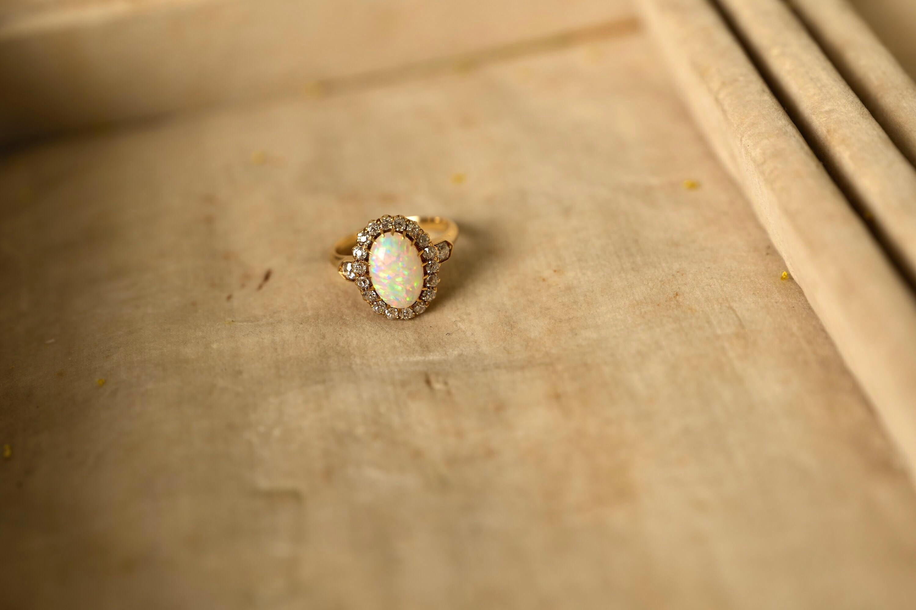 Women's Antique Victorian, 18 Carat Yellow Gold, Opal and Diamond Cluster Ring