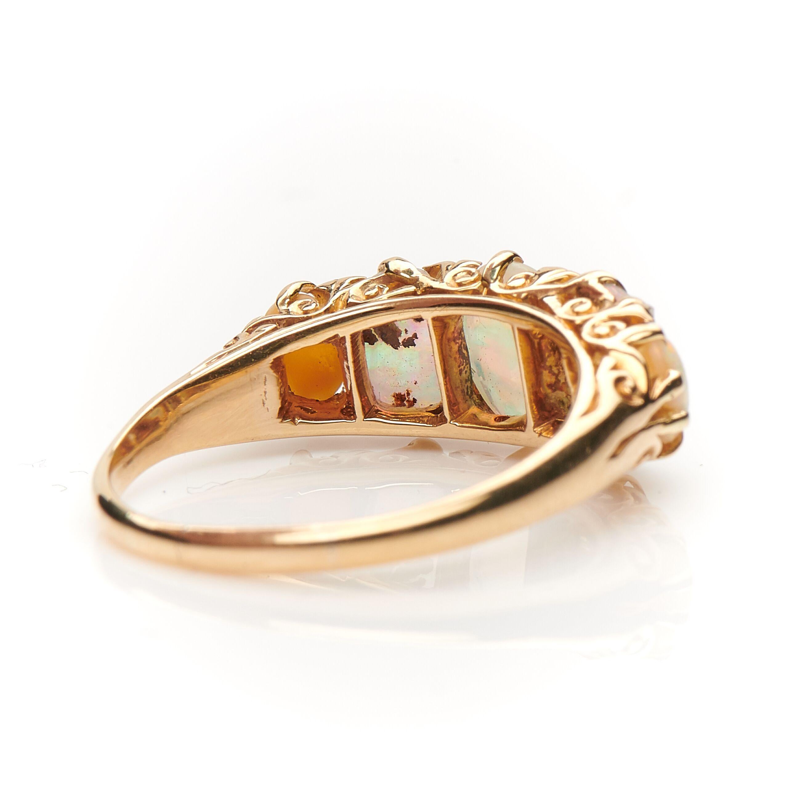 Old European Cut Antique, Victorian, 18ct Yellow Gold, Opal and Diamond Five-Stone Half Hoop Ring