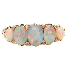 Antique, Victorian, 18ct Yellow Gold, Opal and Diamond Five-Stone Half Hoop Ring