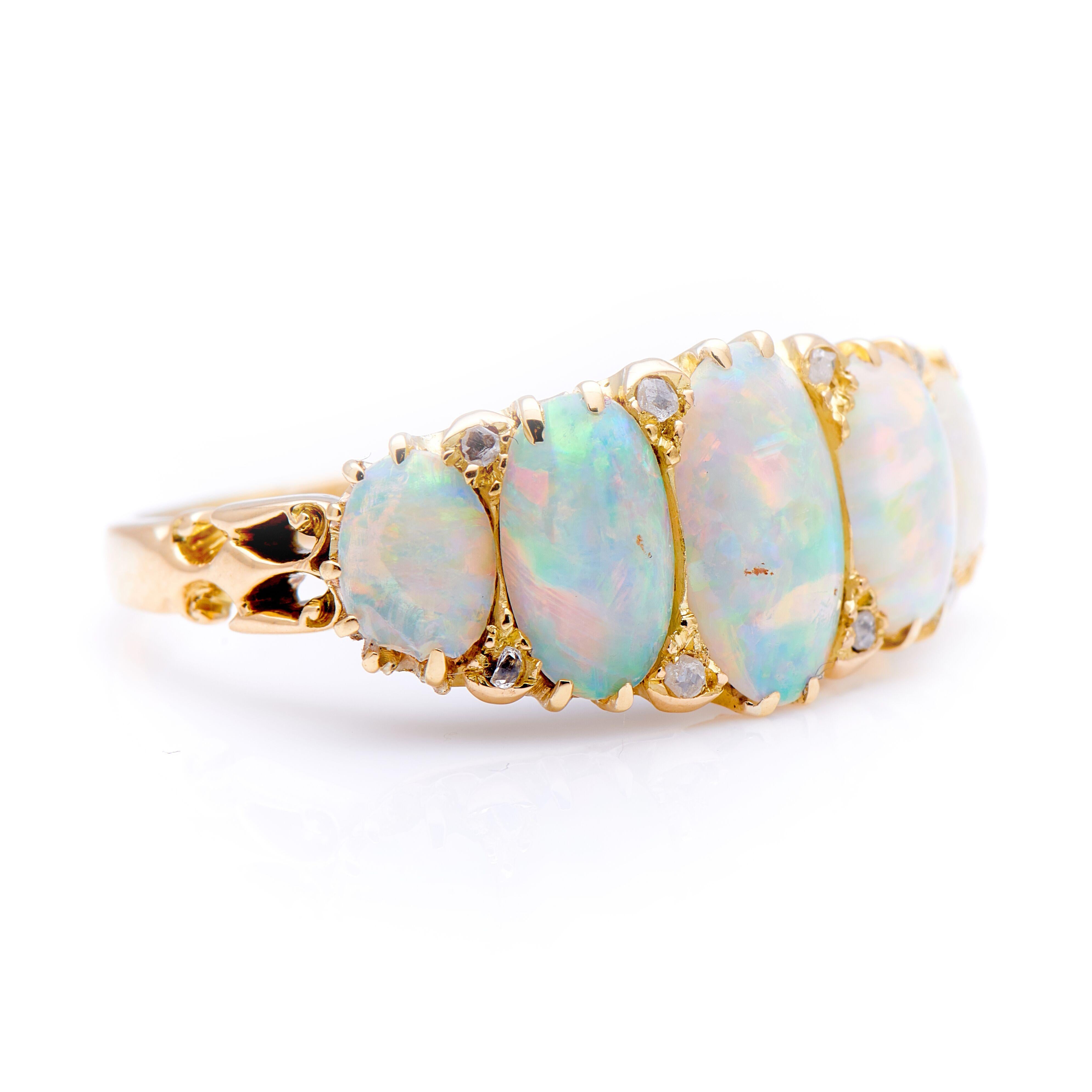 Women's Antique, Victorian, 18ct Yellow Gold, Opal and Diamond Half Hoop Five-Stone Ring
