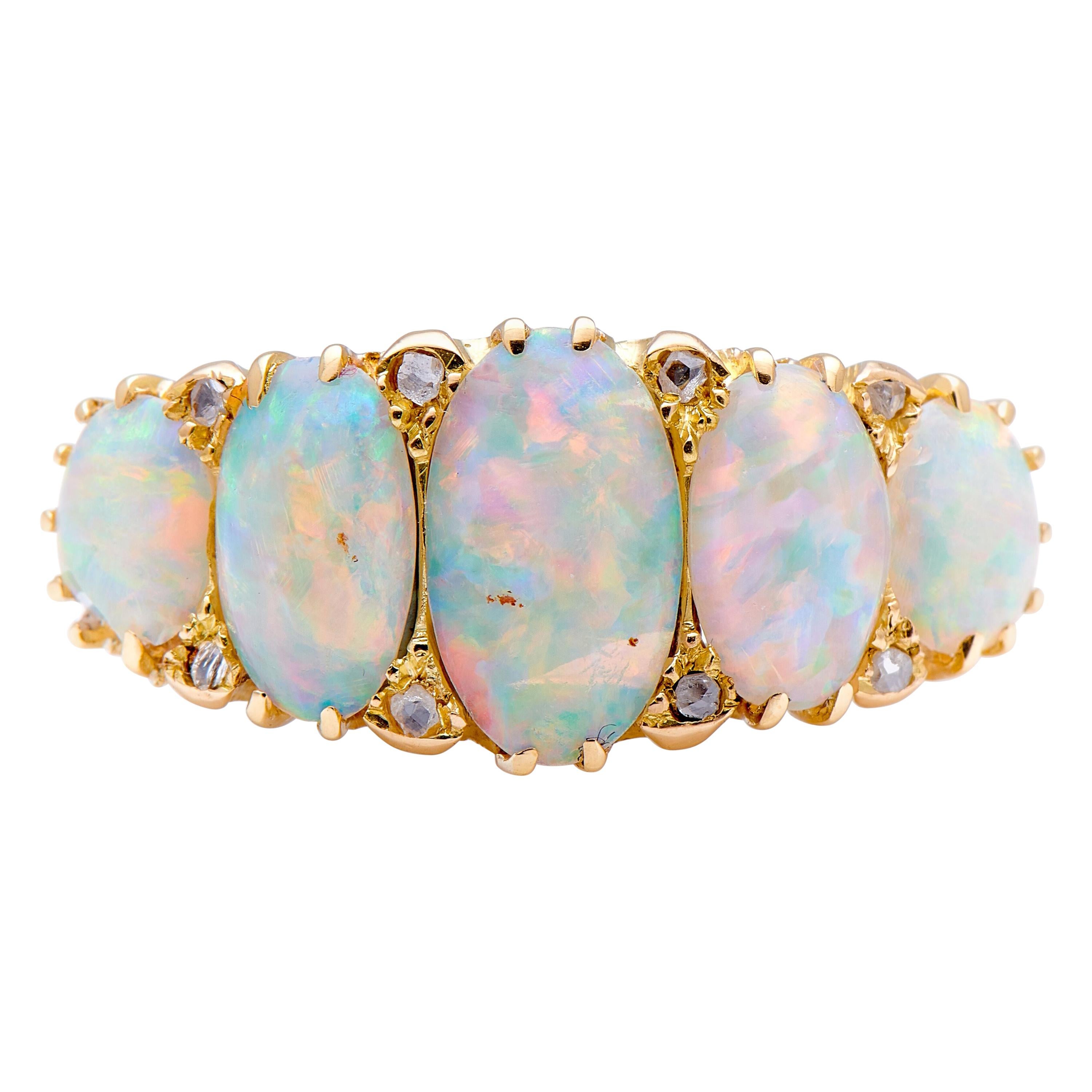Antique, Victorian, 18ct Yellow Gold, Opal and Diamond Half Hoop Five-Stone Ring