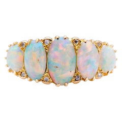 Antique, Victorian, 18ct Yellow Gold, Opal and Diamond Half Hoop Five-Stone Ring