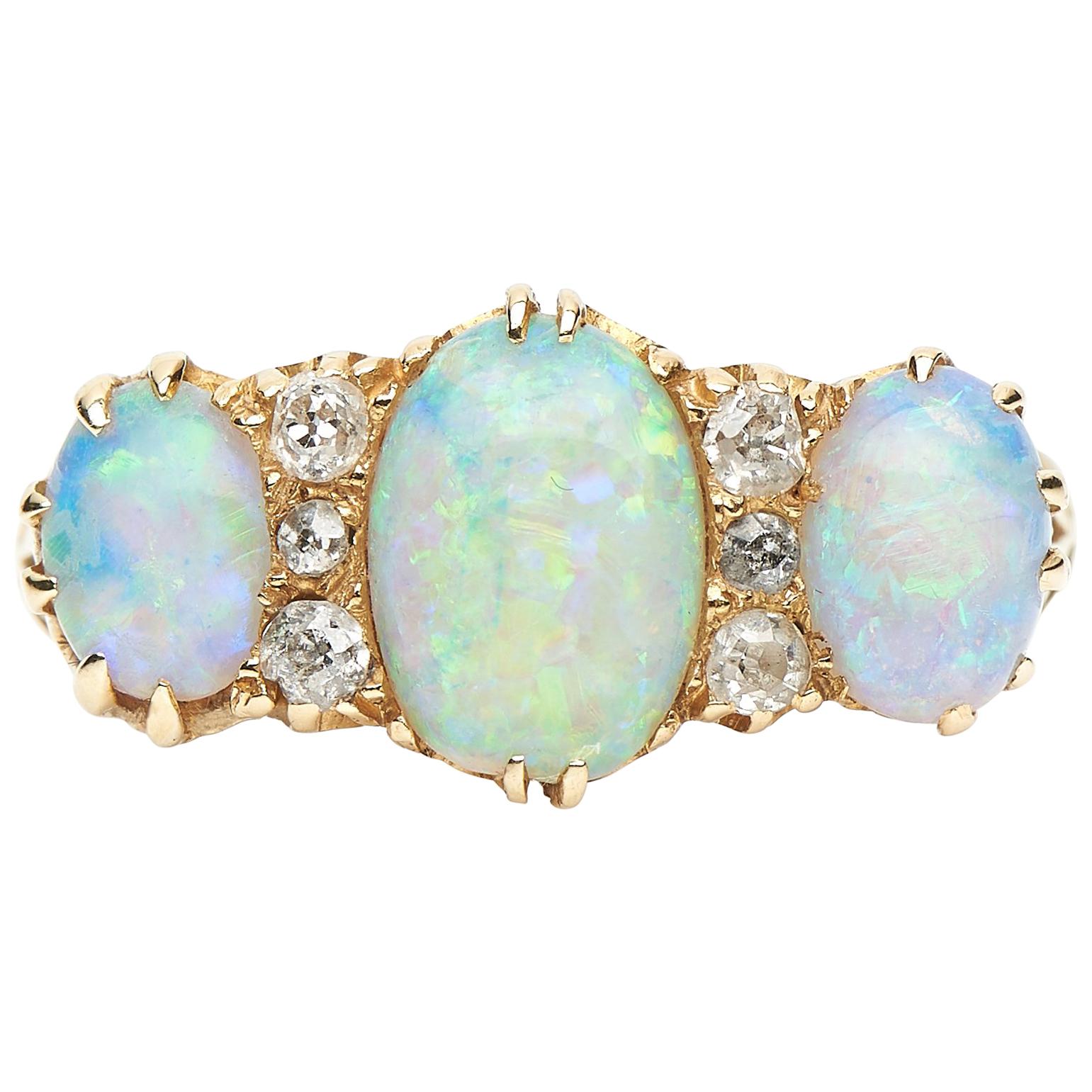 Antique, Victorian, 18ct Yellow Gold, Opal and Diamond Three-Stone Carved Ring