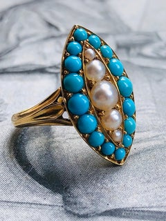 Victorian, 18 Carat Yellow Gold, Pearl and Turquoise Marquise Cluster Ring