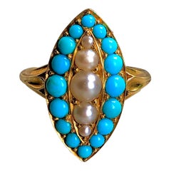 Antique Victorian, 18 Carat Yellow Gold, Pearl and Turquoise Marquise Cluster Ring