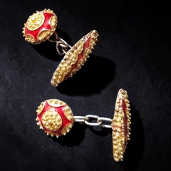 Antique Victorian 18ct Yellow Gold & Red Champlevé Enamel Cufflinks