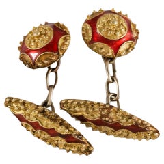 Antique Victorian 18ct Yellow Gold & Red Champlevé Enamel Cufflinks