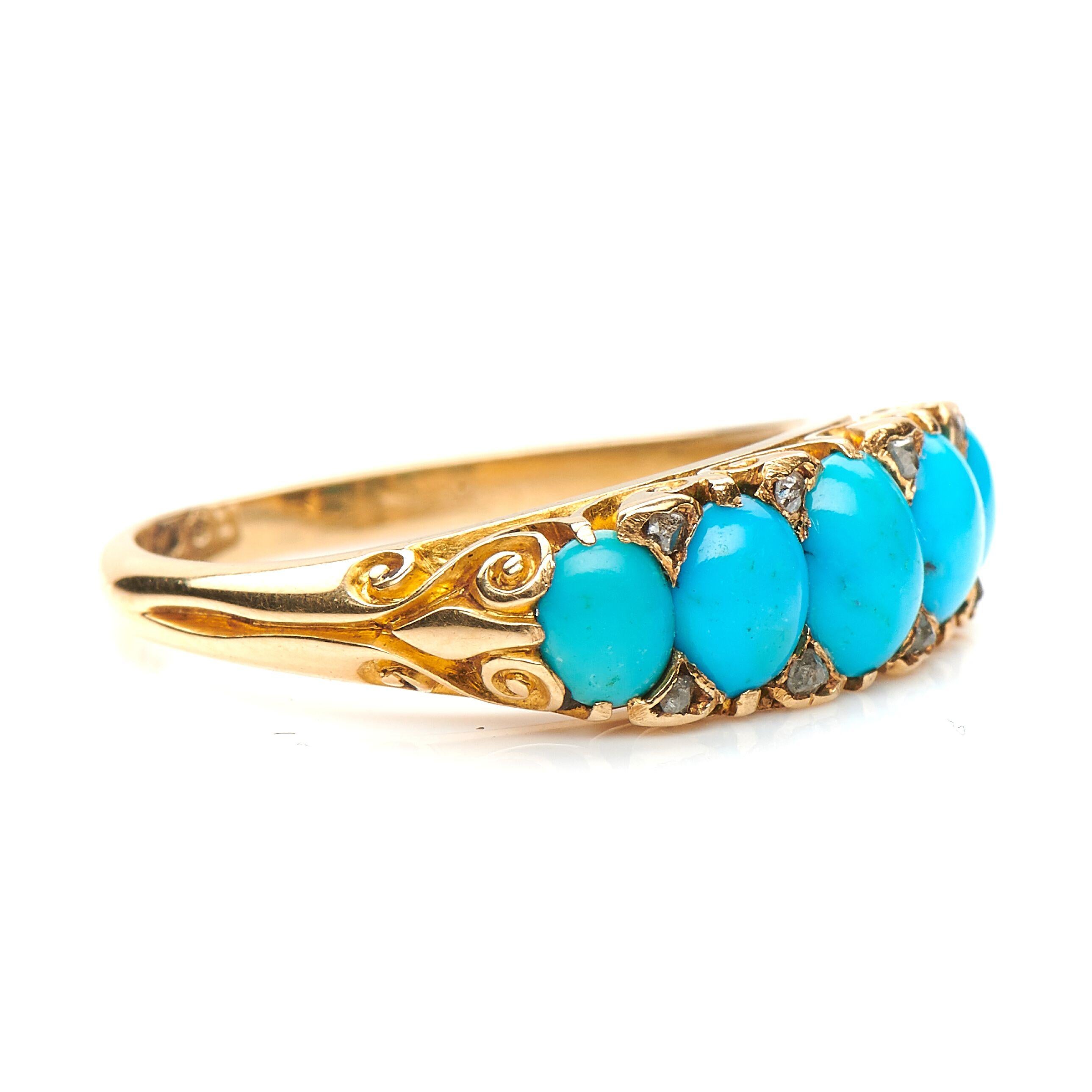 Victorian, natural turquoise and rose-cut diamond carved five stone ring, circa 1890. Set with five cabochon turquoise stones interspersed with small rose-cut diamond detail set in a wonderful finely pierced openwork gallery with a sinuous scroll