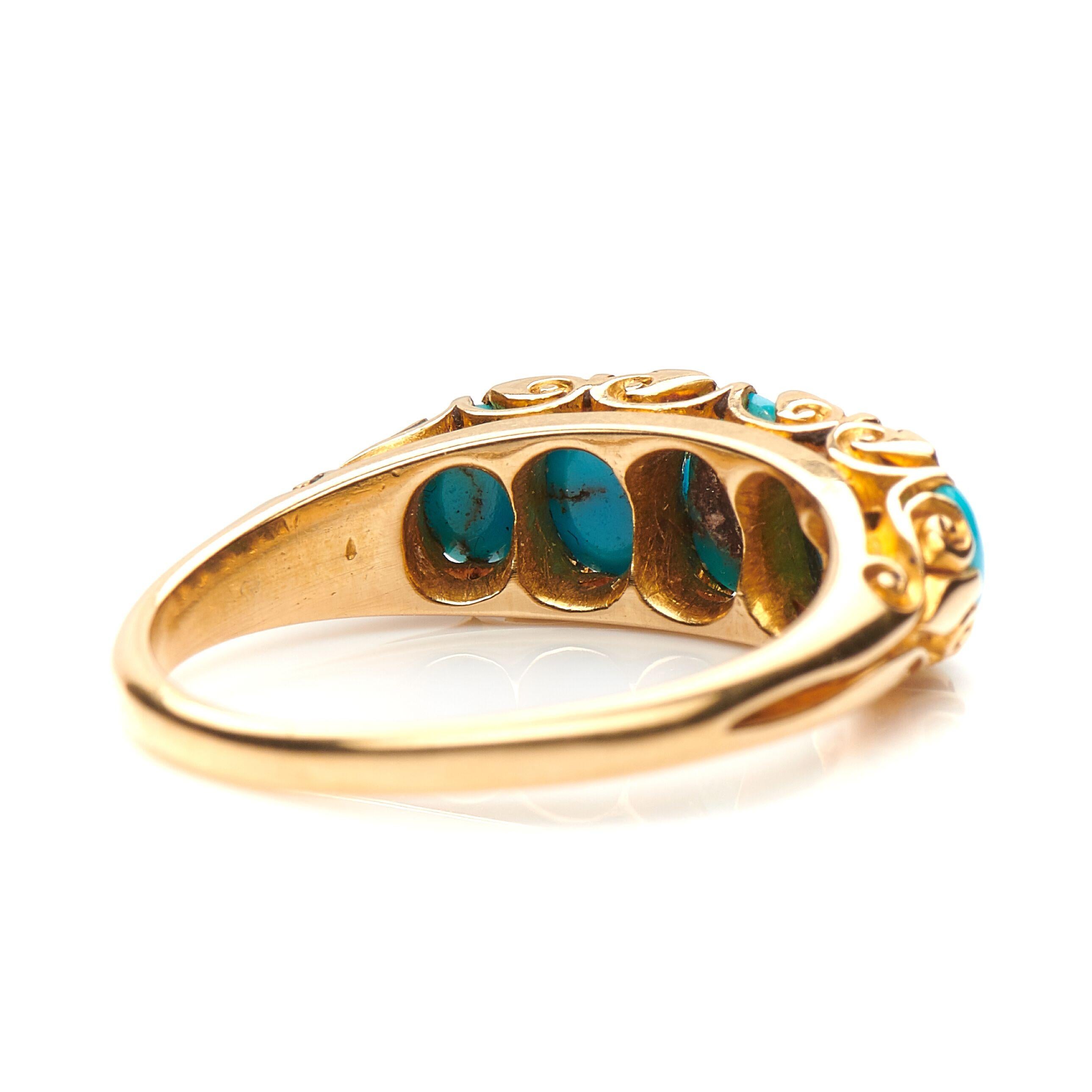 Antique, Victorian, 18 Carat Yellow Gold, Turquoise and Diamond Half Hoop Ring In Excellent Condition In Rochford, Essex