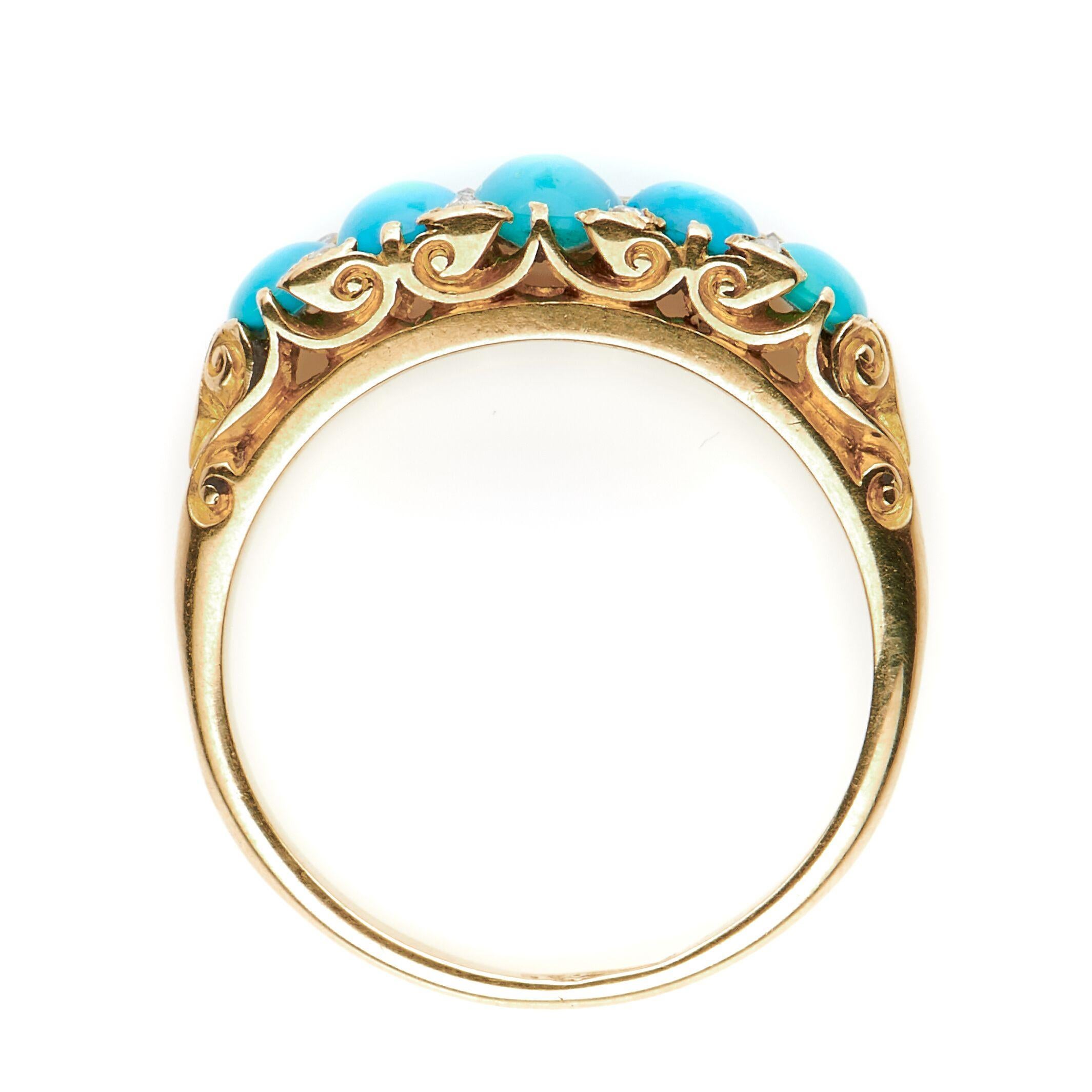 Women's Antique, Victorian, 18 Carat Yellow Gold, Turquoise and Diamond Half Hoop Ring