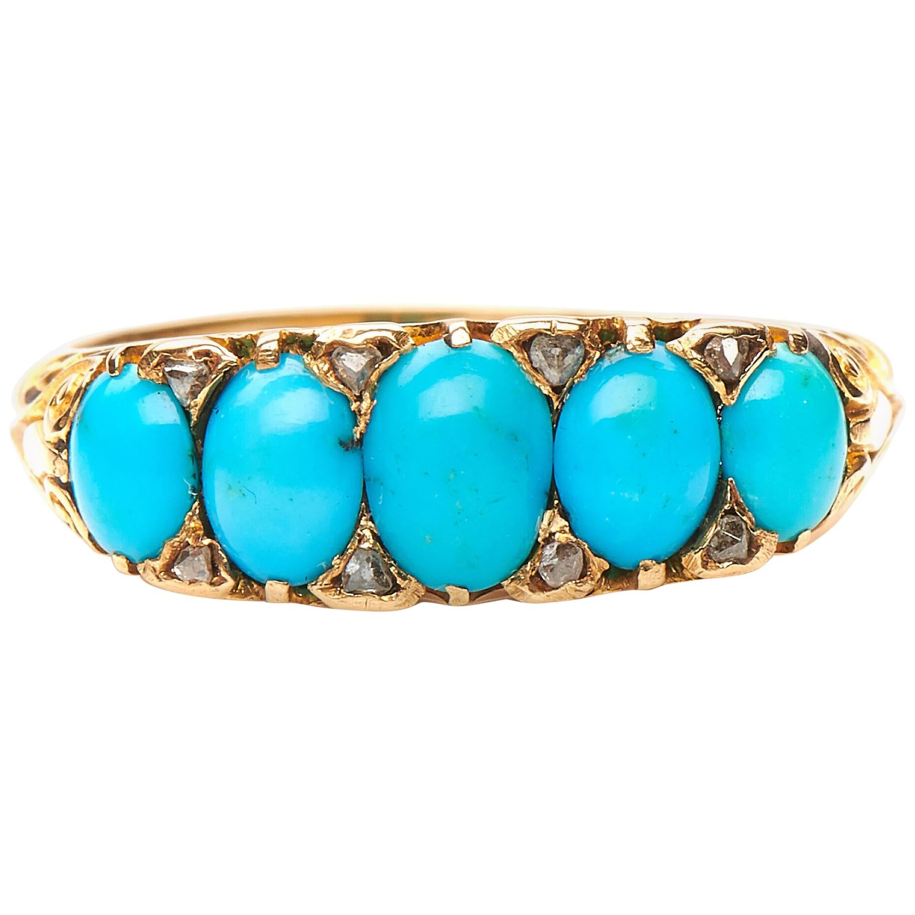 Antique, Victorian, 18 Carat Yellow Gold, Turquoise and Diamond Half Hoop Ring