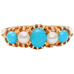 Antique, Victorian, 18 Carat Yellow Gold, Turquoise and Pearl Five-Stone Ring