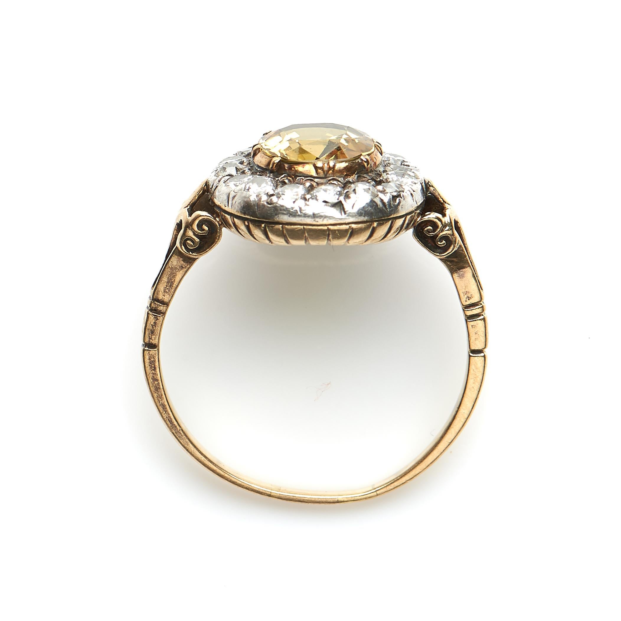 Old European Cut Antique, Victorian, 18 Carat Gold, Yellow Sapphire and Diamond Cluster Ring