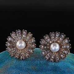 Antique Victorian 18K/14K Gold and Silver Rose Cut Diamond Pearl Floral Earrings