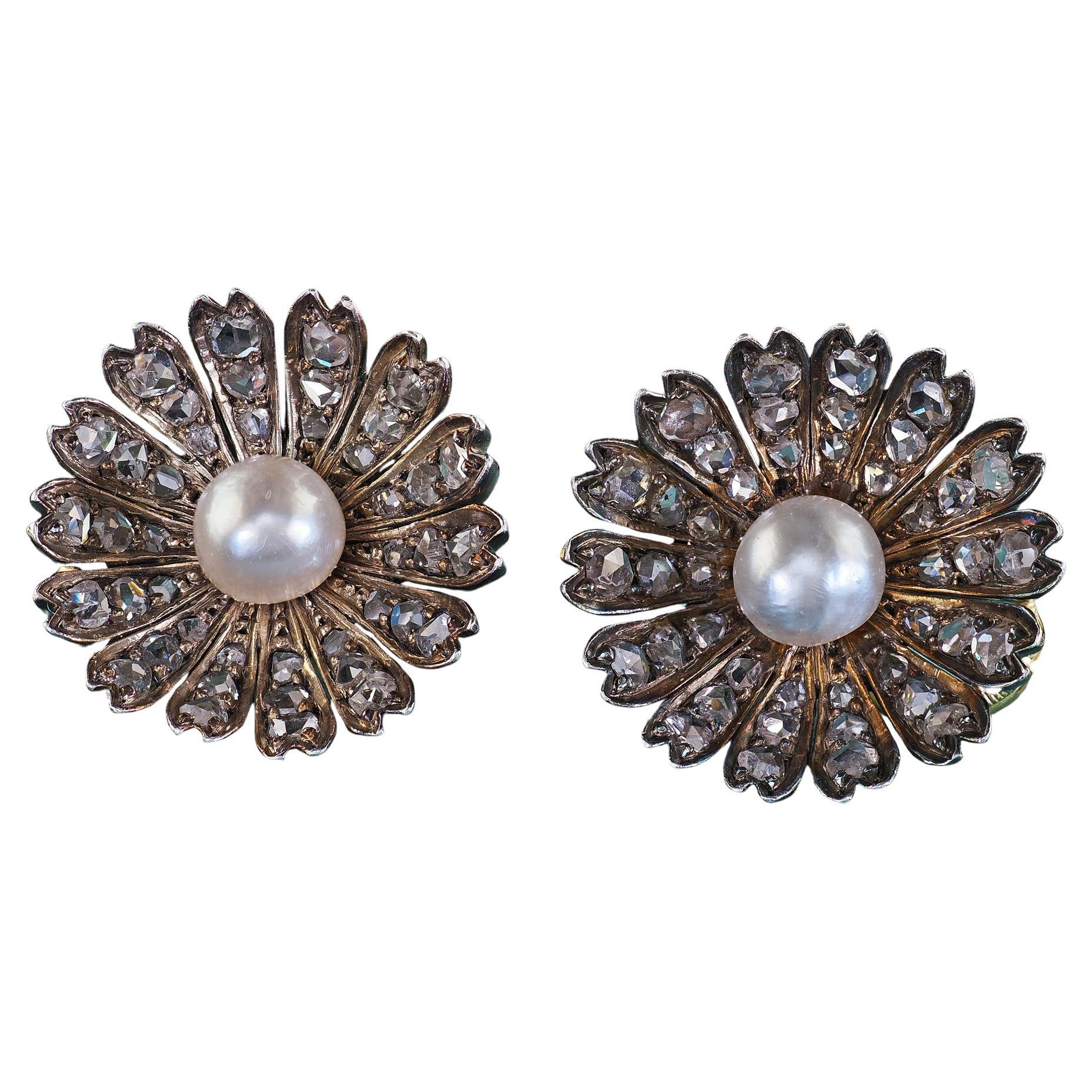 Antique Victorian 18K/14K Gold and Silver Rose Cut Diamond Pearl Floral Earrings