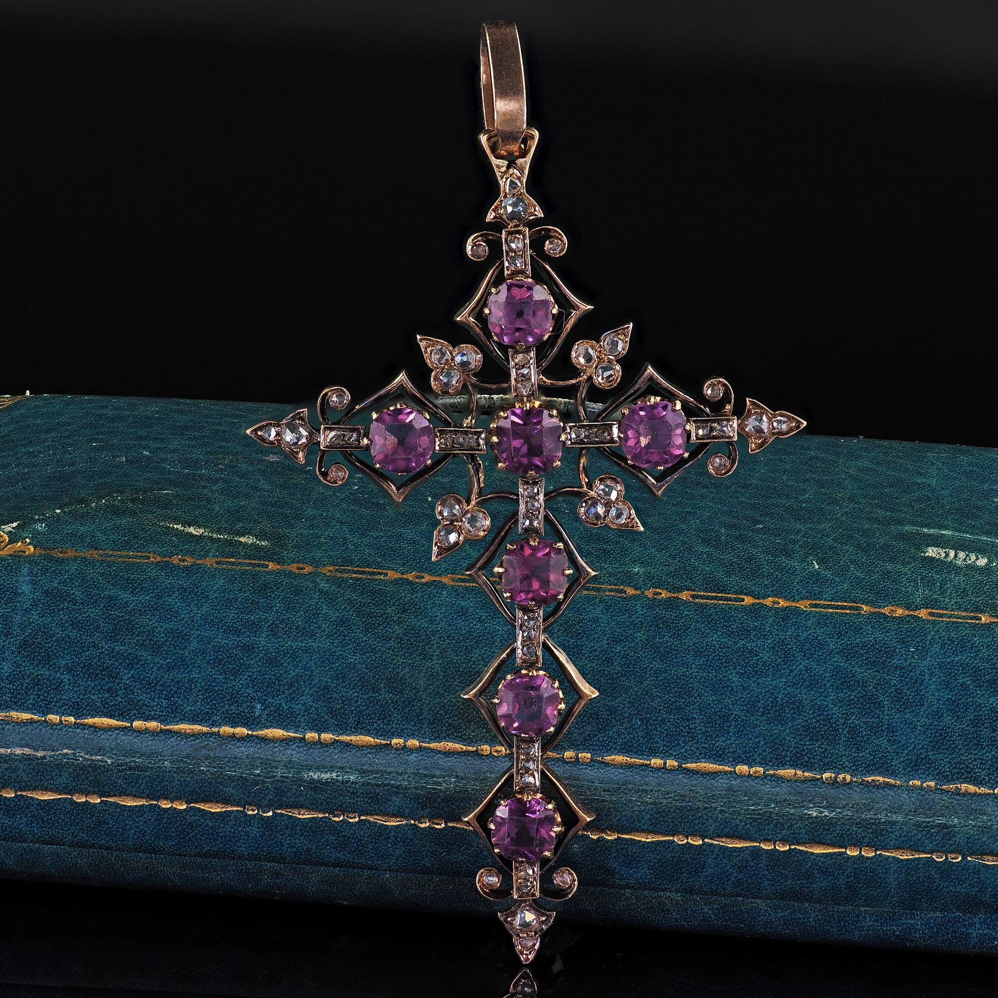 Beautiful Antique Victorian 18K/14K Yellow Gold Old Cut Diamond and Amethyst Cross Pendant. This gorgeous Victorian old cut diamond and amethyst cross pendant is crafted in 18k yellow gold and a 14k yellow gold bale. The cross features old cut