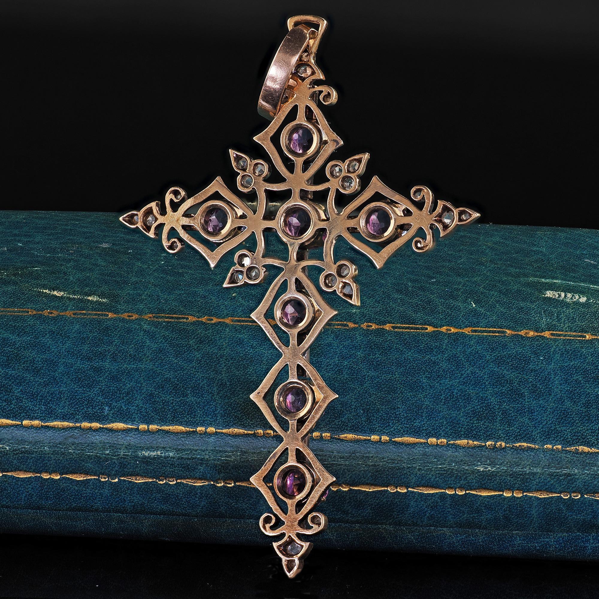 Antique Cushion Cut Antique Victorian 18K/14K Yellow Gold Old Cut Diamond and Amethyst Cross Pendant For Sale
