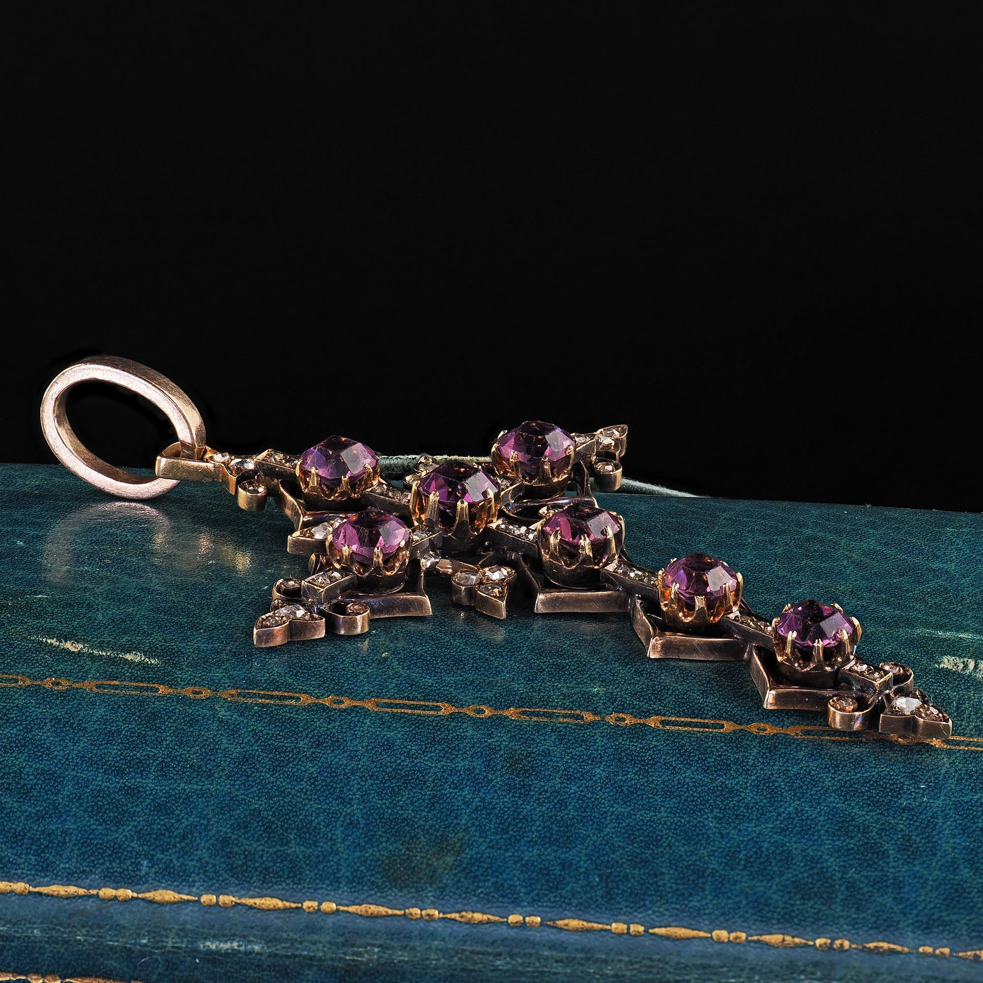 Antique Victorian 18K/14K Yellow Gold Old Cut Diamond and Amethyst Cross Pendant In Good Condition For Sale In Great Neck, NY