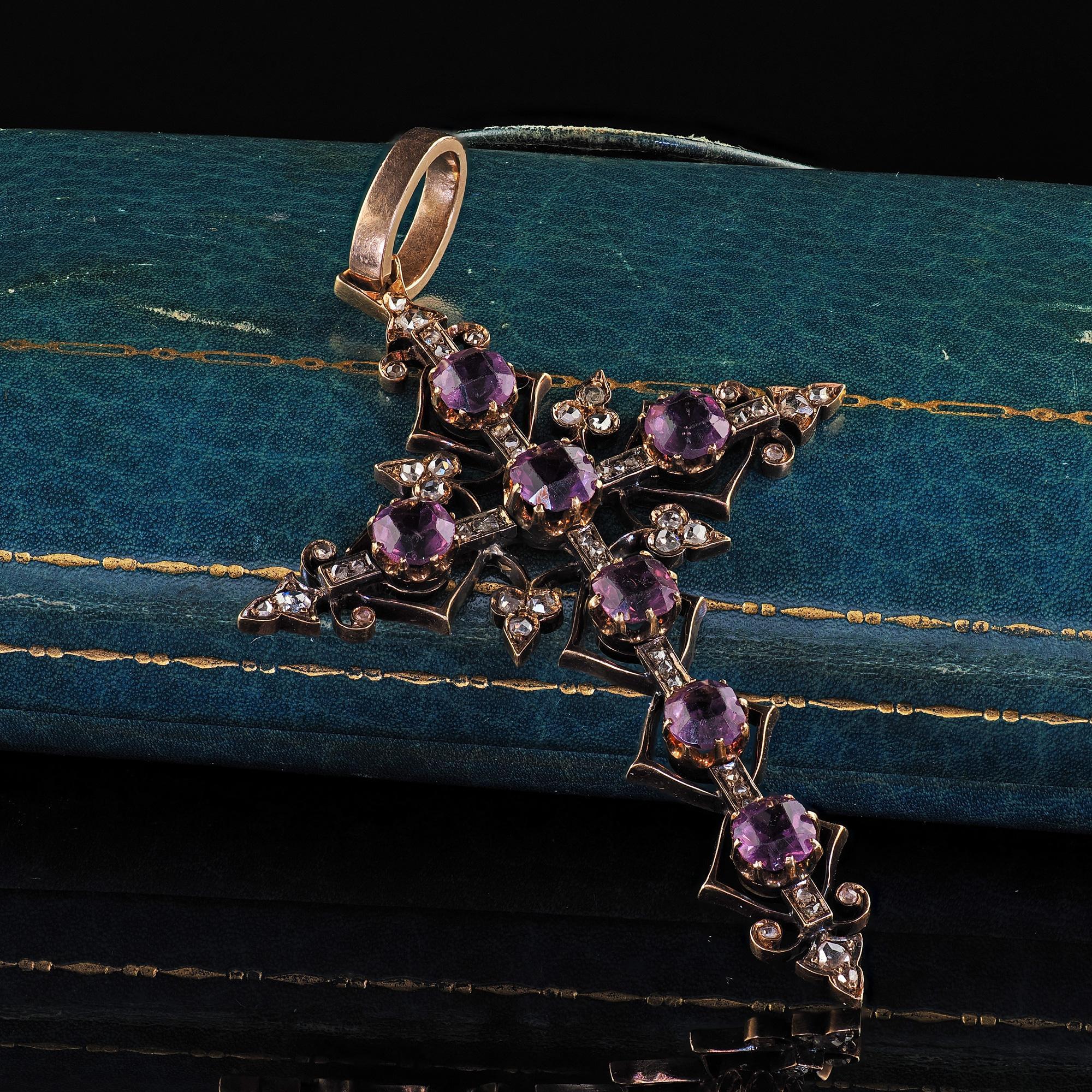 Women's Antique Victorian 18K/14K Yellow Gold Old Cut Diamond and Amethyst Cross Pendant For Sale