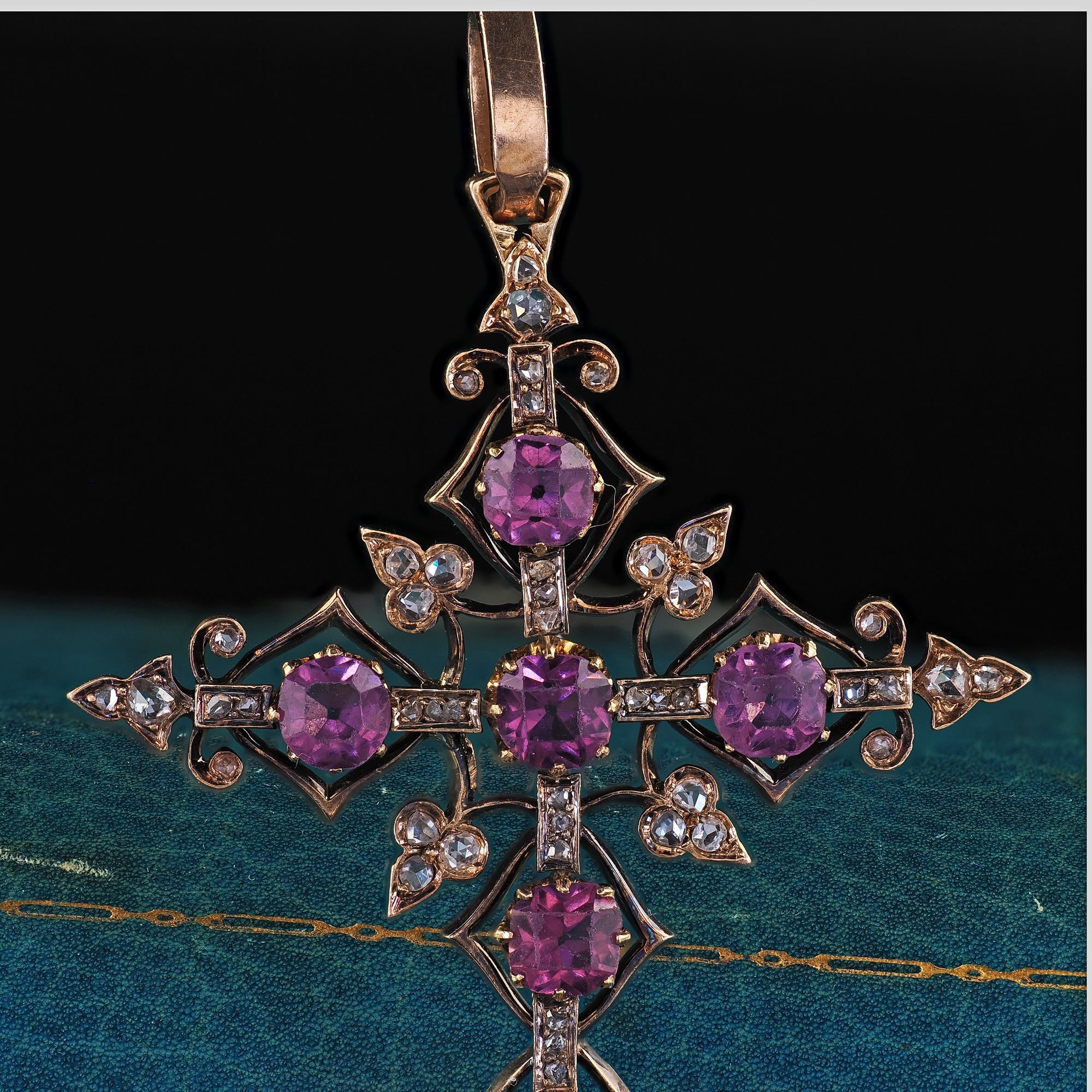 Antique Victorian 18K/14K Yellow Gold Old Cut Diamond and Amethyst Cross Pendant For Sale 1