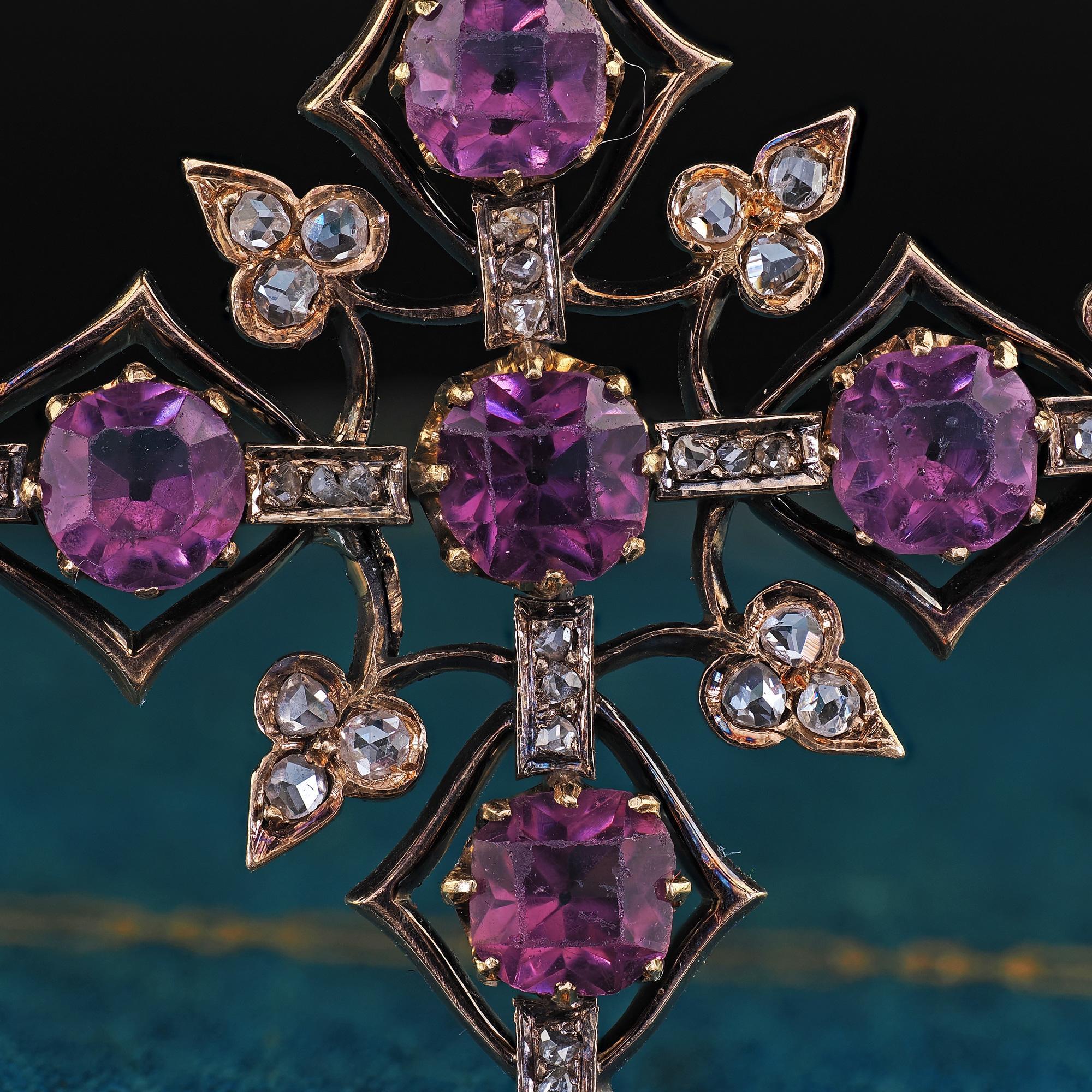 Antique Victorian 18K/14K Yellow Gold Old Cut Diamond and Amethyst Cross Pendant For Sale 3