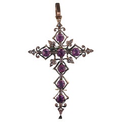 Antique Victorian 18K/14K Yellow Gold Old Cut Diamond and Amethyst Cross Pendant