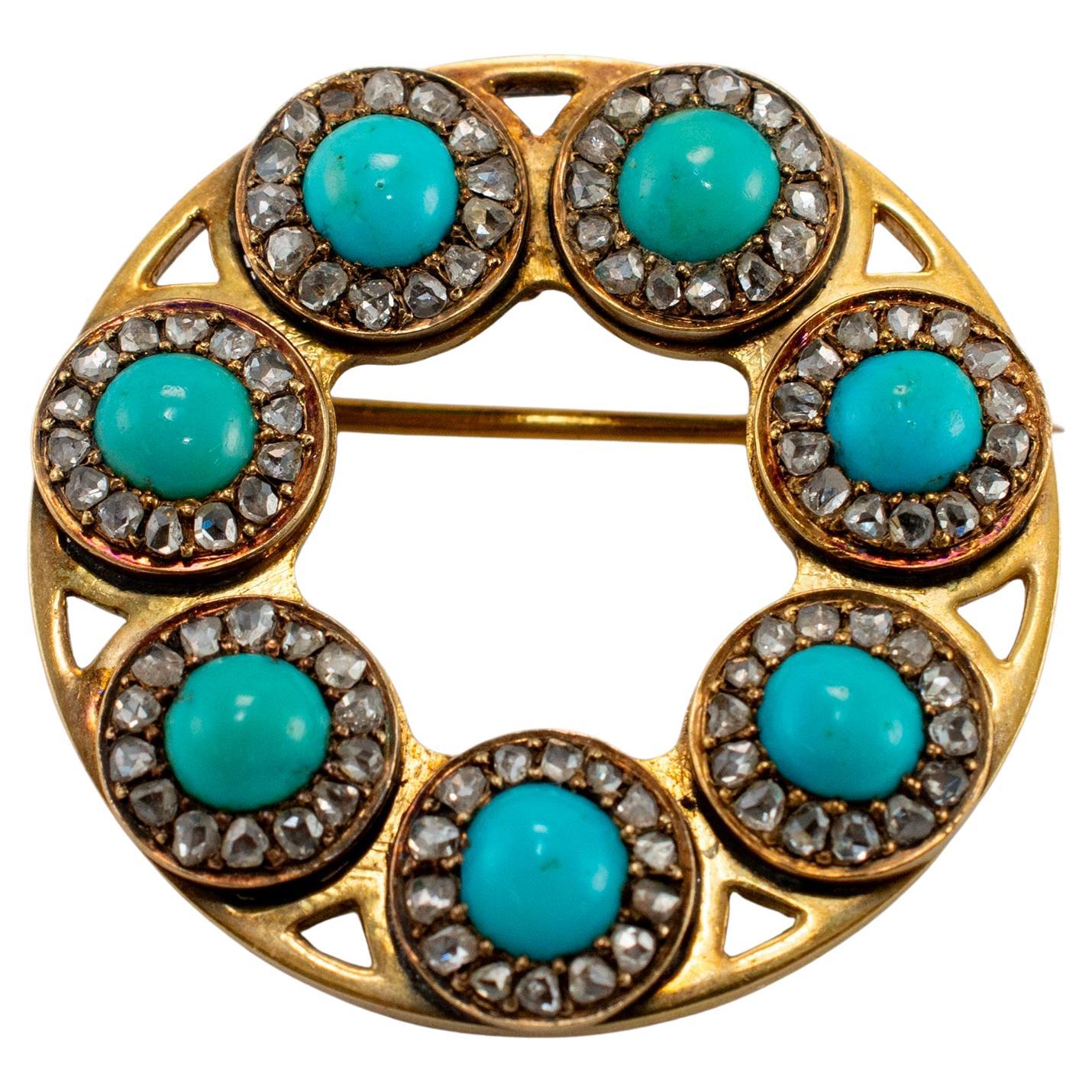 Antique Victorian 18K and 14K Yellow Gold Turquoise Diamond Pin Brooch Pendant
